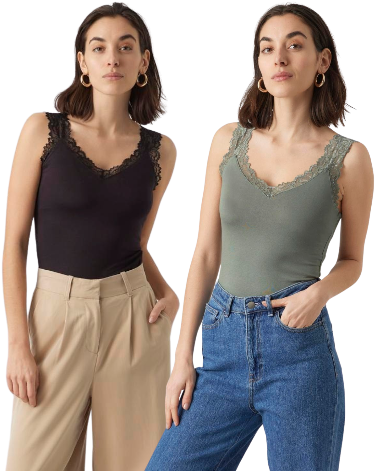 Vero Moda Basic Tanktop mit Spitze Doppelpack